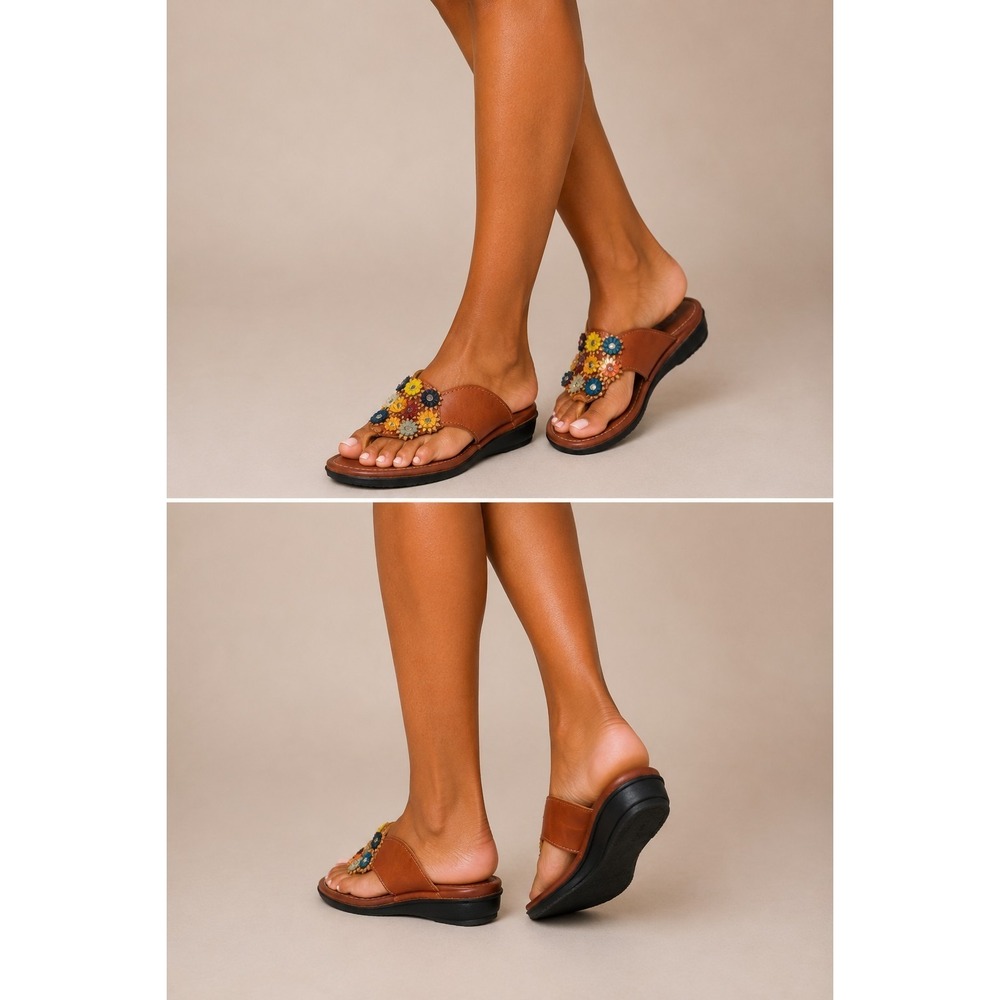Artesanias Bonitza Floral Leather Thong Sandals Women's Sz 8.5 Boho Super Cute